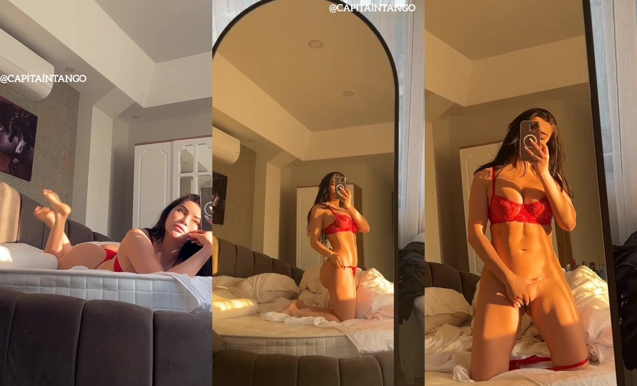 Berfe Ece Talin kırmızı tangasıyla yatakta selfie çekip amını okşuyor