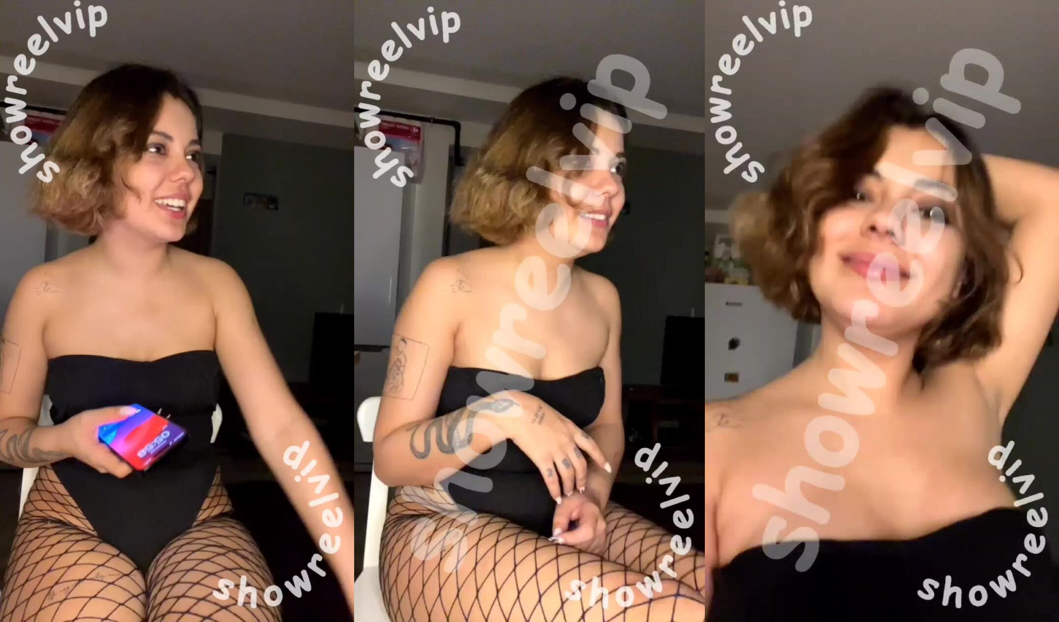 tango doa fishnet çorapla poz verip gülüyor