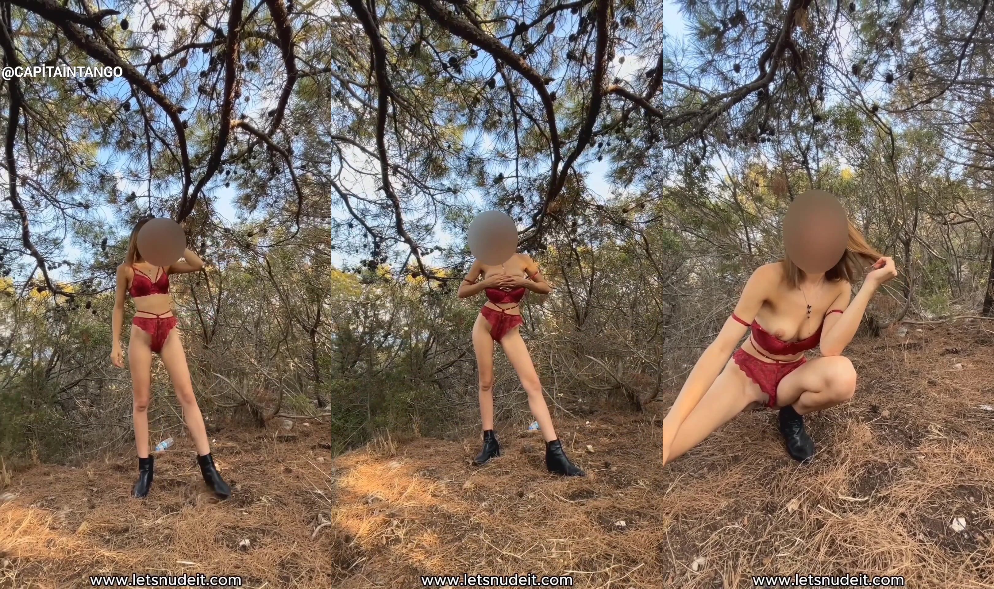 Letsnudeit ormanda kırmızı iç çamaşırıyla soyunup amını okşuyor