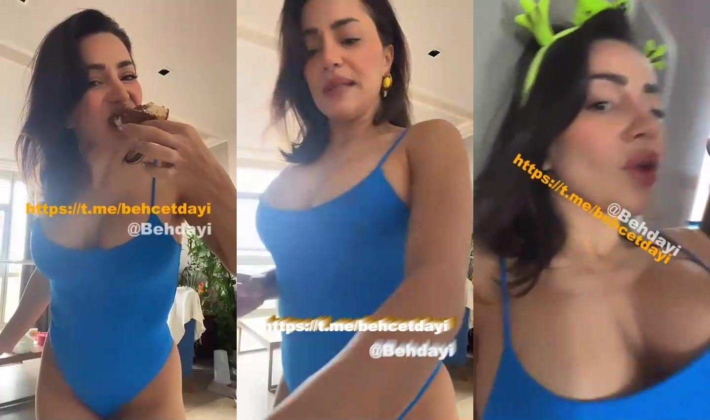 Serpil Cansız mavi bodysuitte kek yiyip içki içerek şov yapıyor