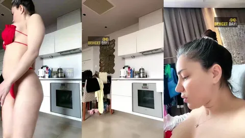 Serpil Cansız mutfakta kırmızı bikiniyle götünü gösteriyor