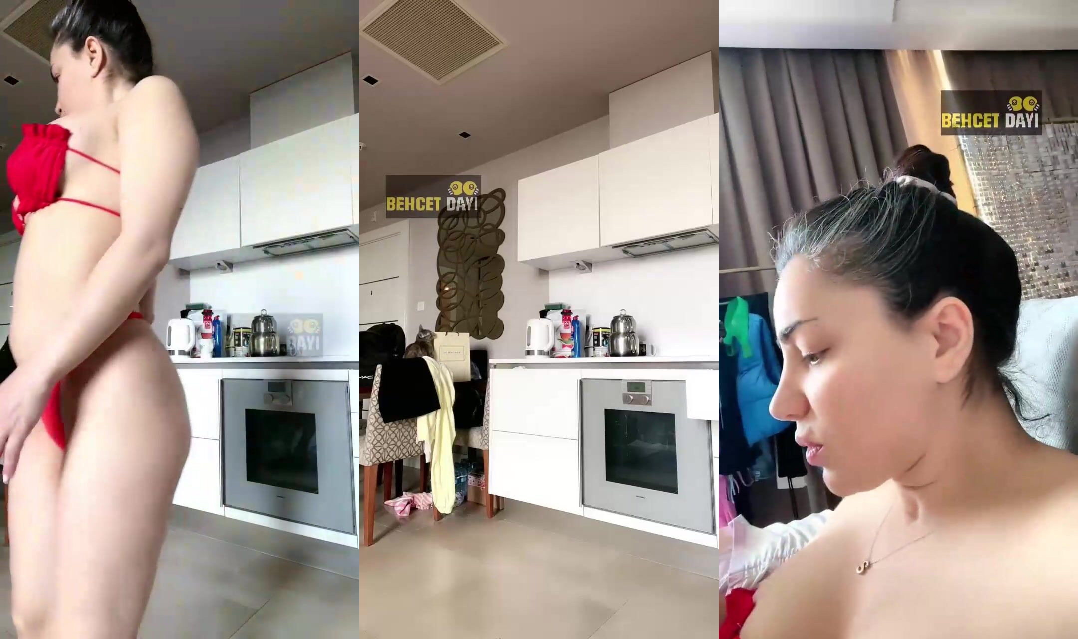 Serpil Cansız mutfakta kırmızı bikiniyle götünü gösteriyor
