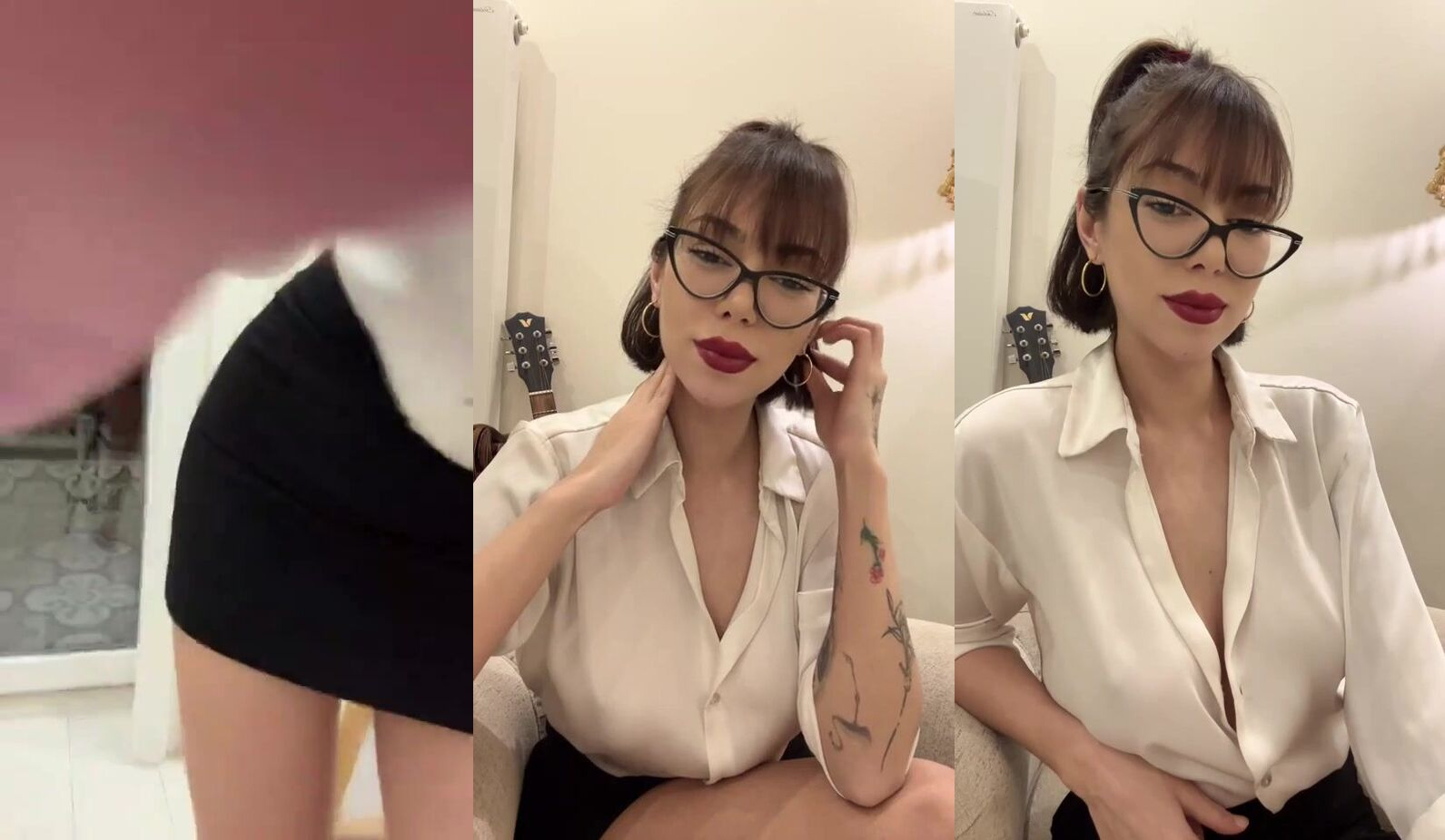 Şeydanur Tunç gözlüklü halde sandalyesinde soyunup kendini elliyor